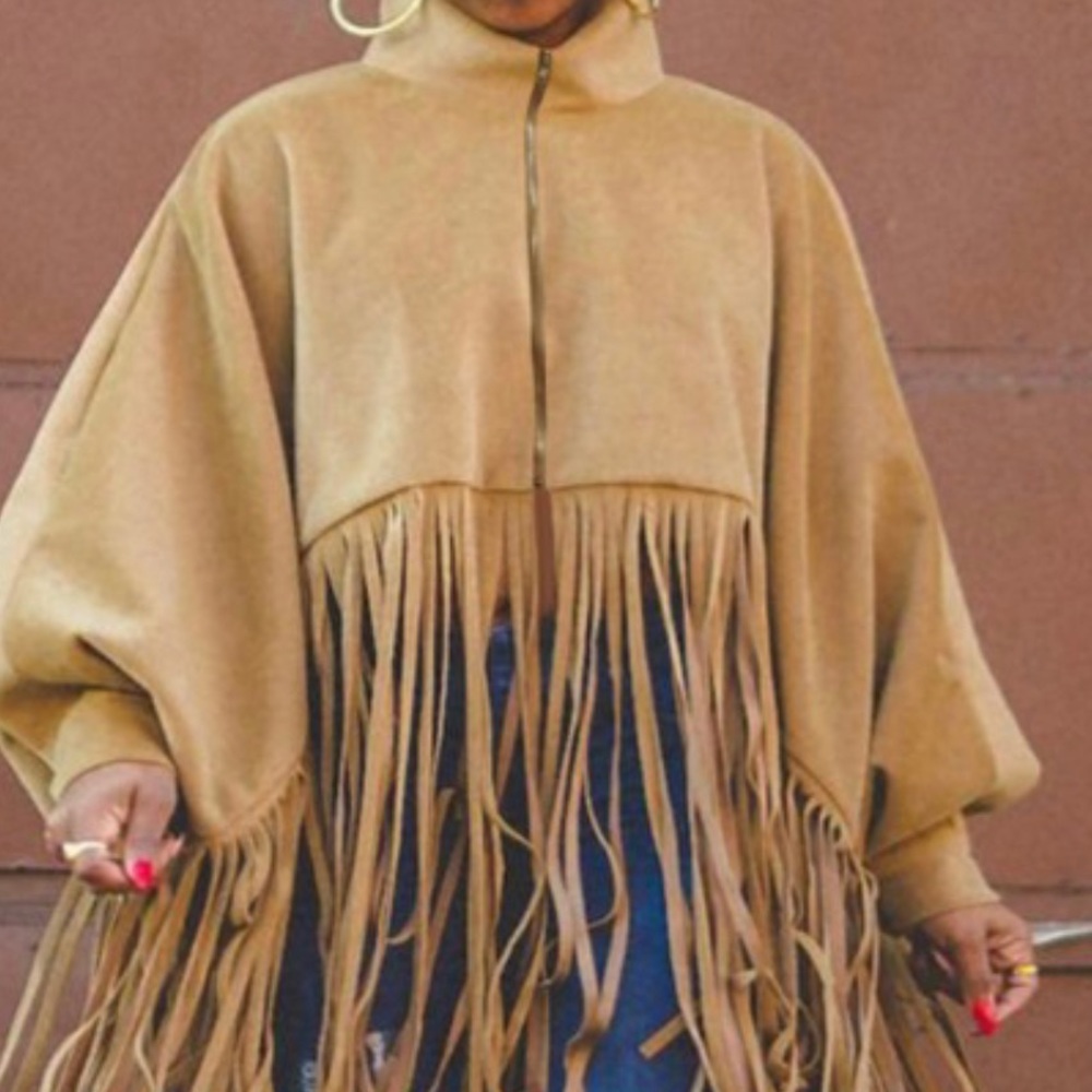 Plus Size Tan Fashion Street Casual Suede Leather Fringe Shawl Coat - Picture 3 of 3